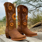 Khaki Women's Sunflower Embroidered Western Boots — Joss Boho Mid-Heel Square-Toe - Outdoor Pose