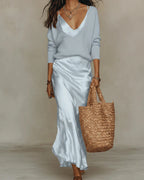 Light Blue Blue Women's Sweater Satin Midi Dress — Nadine V-Neck Slip Layered - Front Standing