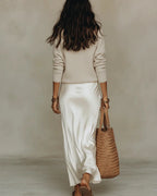 White Women's Sweater Satin Midi Dress — Nadine V-Neck Slip Layered - Back Full