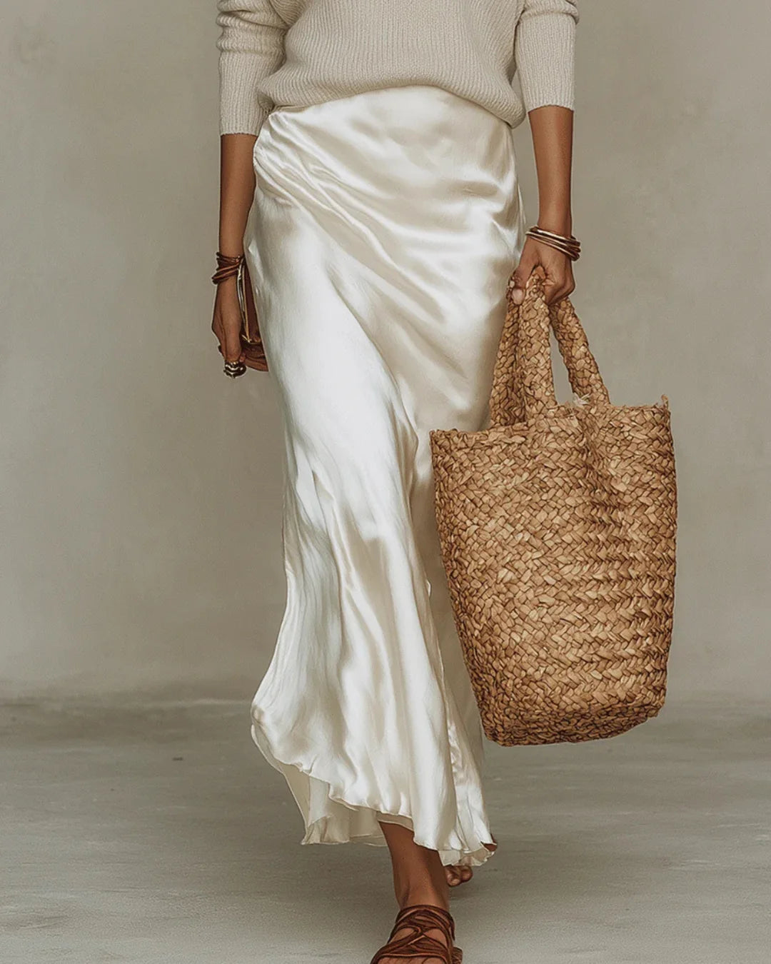 White Women's Sweater Satin Midi Dress — Nadine V-Neck Slip Layered - Hem Detail