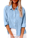 Light blue blue Women's Long Sleeve Button Up Shirts — Poppy Relaxed Button-Front Pocket