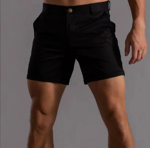 Black Men's Tailored Shorts with Button-Front Closure & Cuffed Hem — Archie