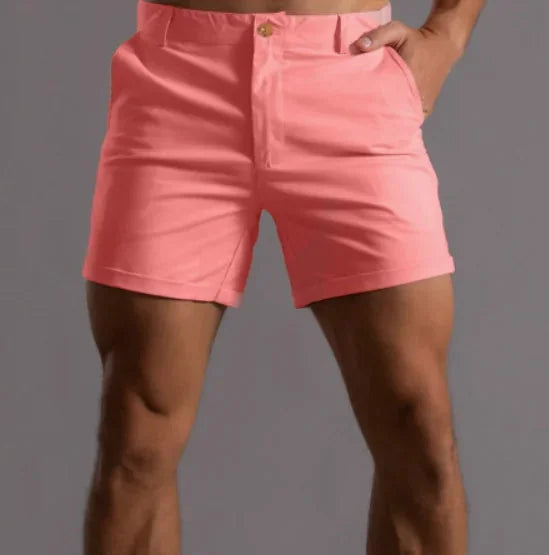 Light Pink Men's Tailored Shorts with Button-Front Closure & Cuffed Hem - Front Full