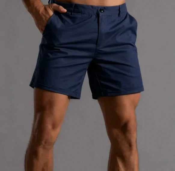Navy Blue Men's Tailored Shorts with Button-Front Closure & Cuffed Hem - Front Detail