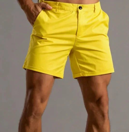 Yellow Men's Tailored Shorts with Button-Front Closure & Cuffed Hem