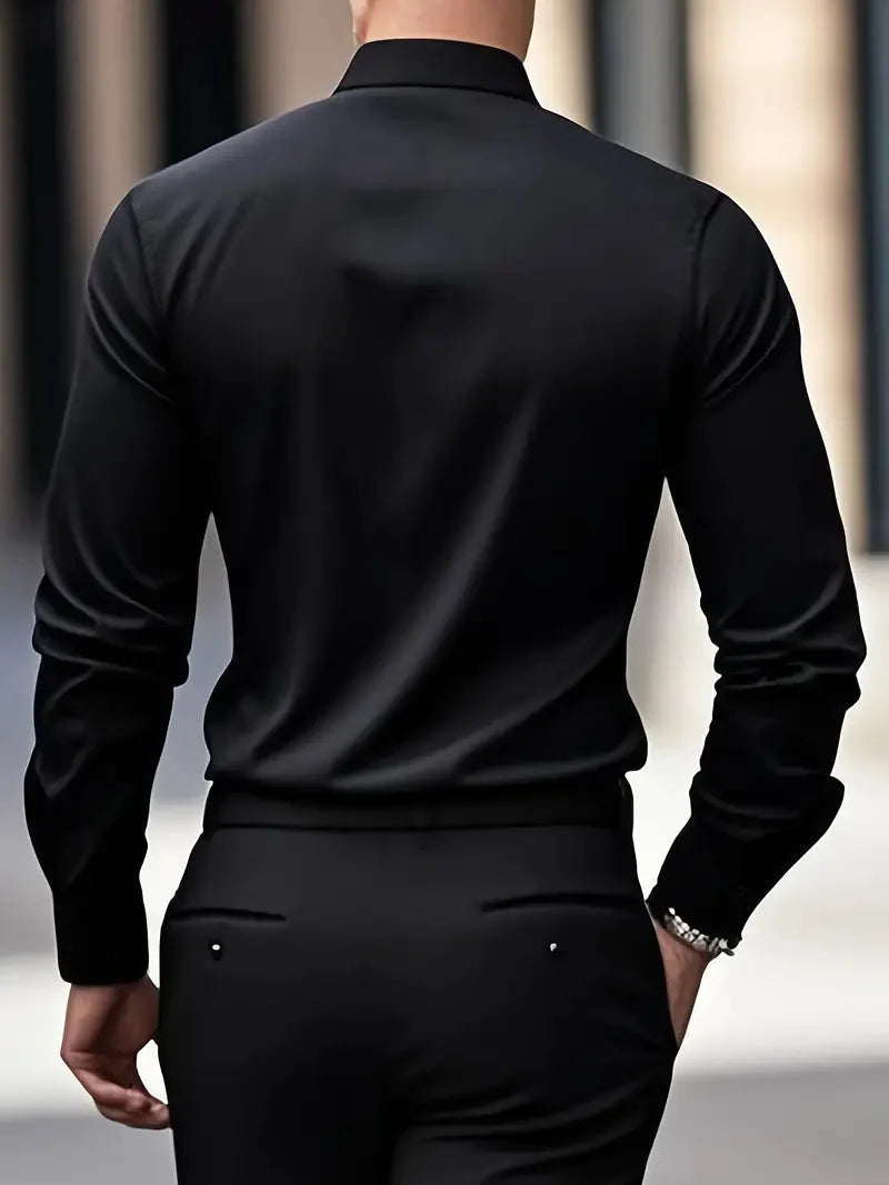 Black Men's Tailored Executive Shirt with Button-Front Spread Collar — Finn - Back Detail Studio