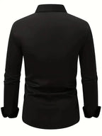Black Men's Tailored Executive Shirt with Button-Front Spread Collar — Finn - Flat Lay Back Solid Dark