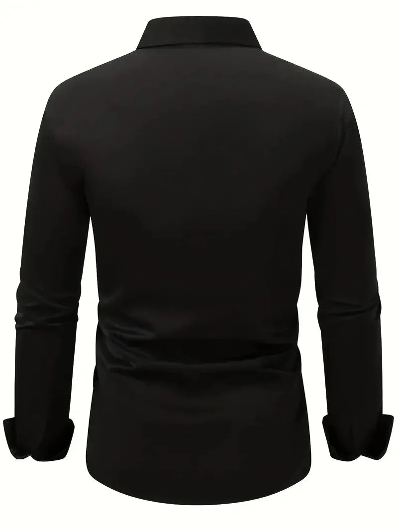 Black Men's Tailored Executive Shirt with Button-Front Spread Collar — Finn - Flat Lay Back Solid Dark