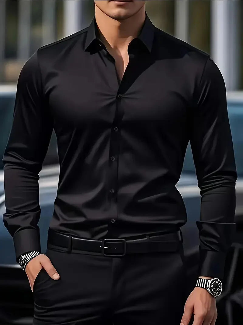 Black Men's Tailored Executive Shirt with Button-Front Spread Collar — Finn