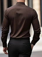 Brown Men's Tailored Executive Shirt with Button-Front Spread Collar — Finn - Back Detail Street