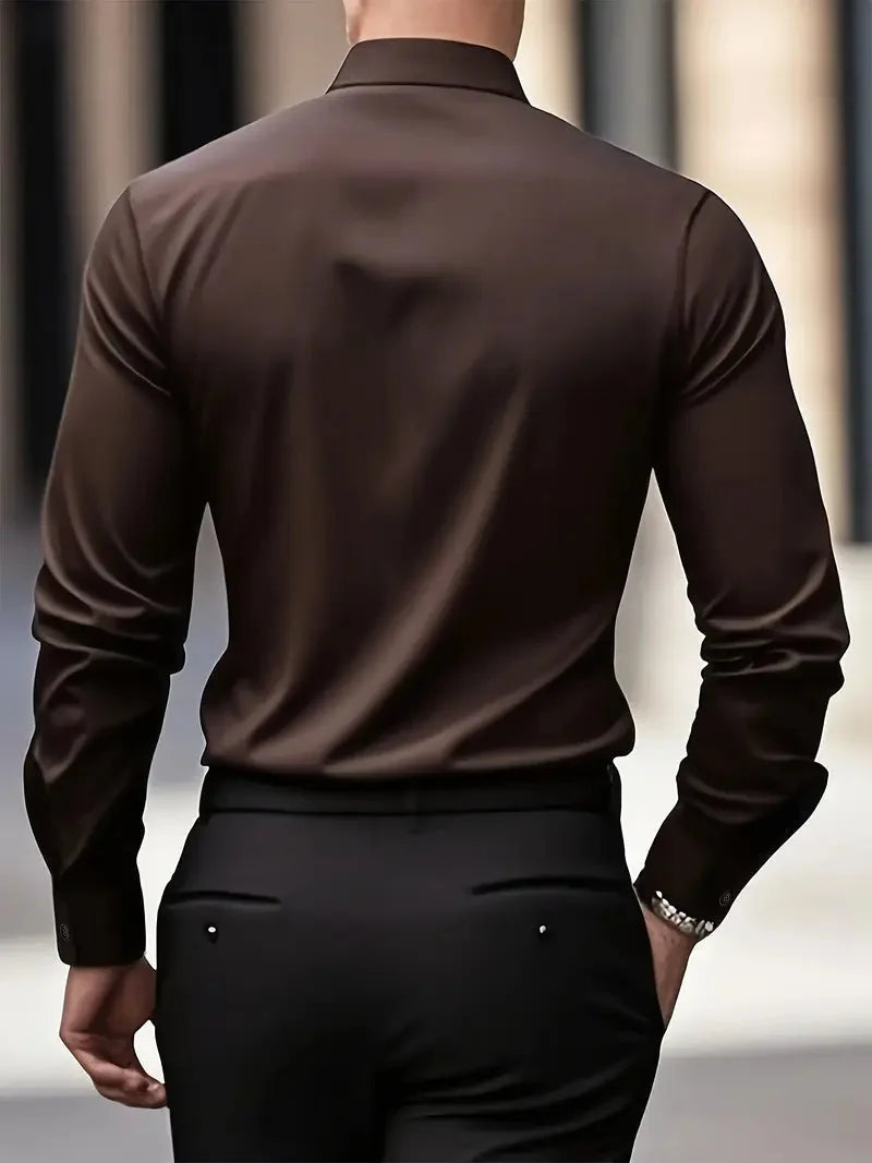 Brown Men's Tailored Executive Shirt with Button-Front Spread Collar — Finn - Back Detail Street