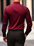 Burgundy Men's Tailored Executive Shirt with Button-Front Spread Collar — Finn - Back Detail Pose