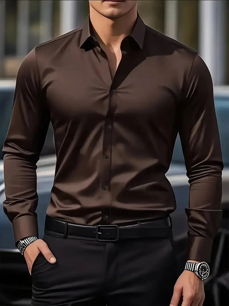 Coffee Men's Tailored Executive Shirt with Button-Front Spread Collar — Finn