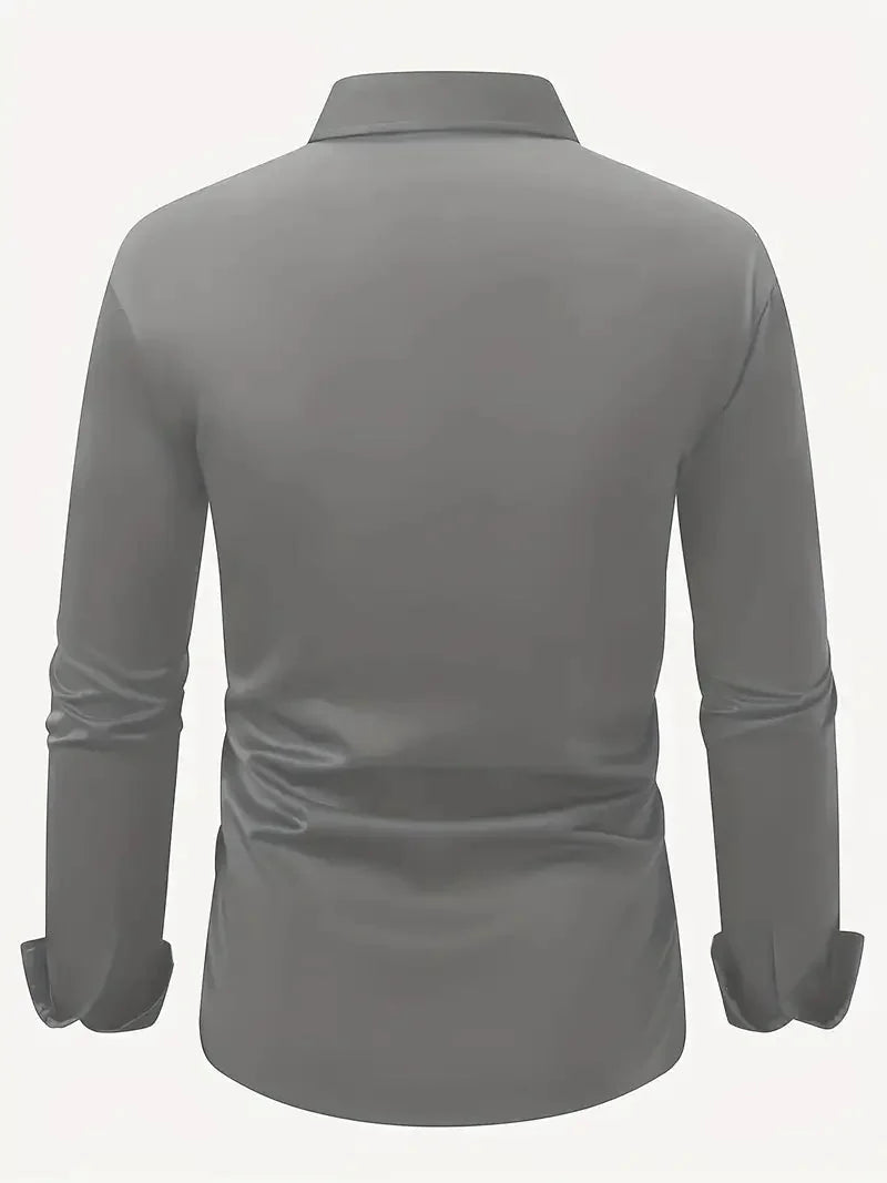Dark Gray Men's Tailored Executive Shirt with Button-Front Spread Collar — Finn - Flat Lay Back
