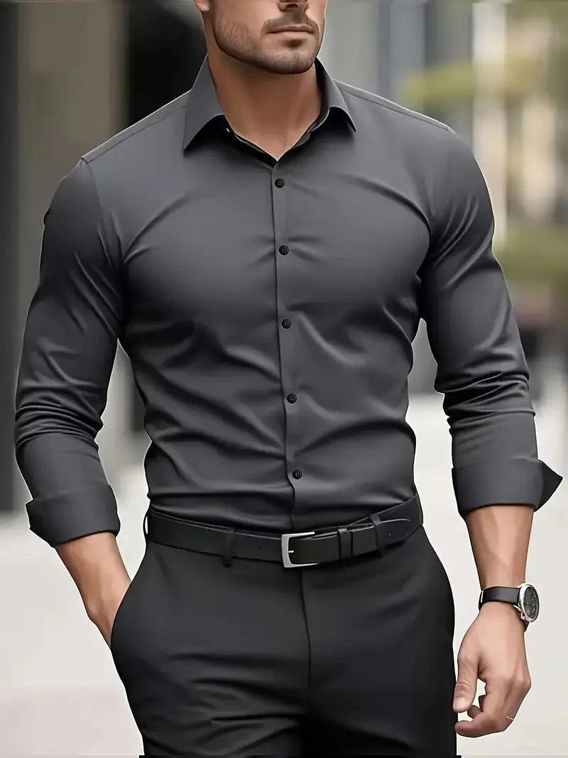 Dark Gray Men's Tailored Executive Shirt with Button-Front Spread Collar — Finn