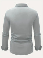 Gray Men's Tailored Executive Shirt with Button-Front Spread Collar — Finn - Flat Lay Back Light