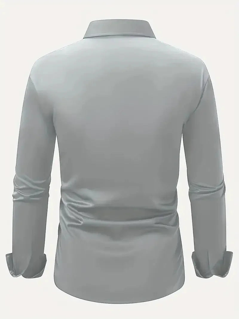 Gray Men's Tailored Executive Shirt with Button-Front Spread Collar — Finn - Flat Lay Back Light
