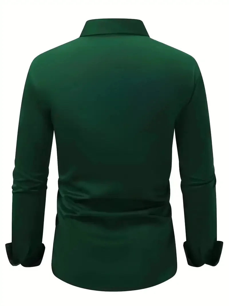 Green Men's Tailored Executive Shirt with Button-Front Spread Collar — Finn - Flat Lay Back Solid