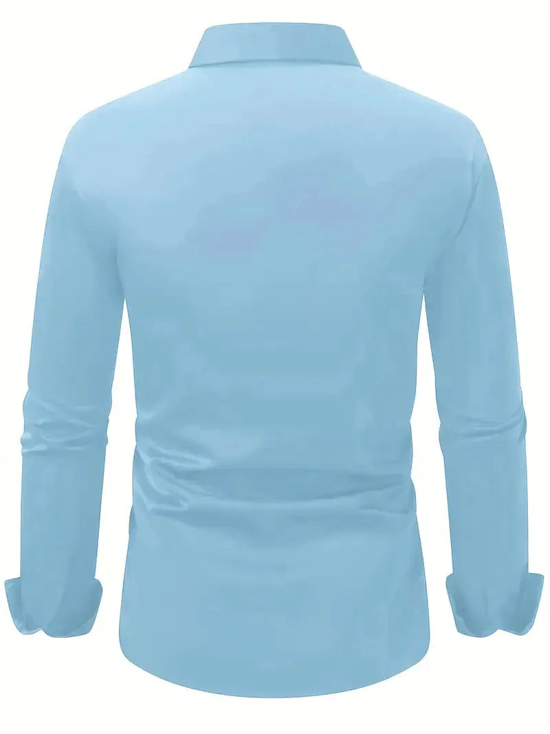 Light Blue Men's Tailored Executive Shirt with Button-Front Spread Collar — Finn - Flat Lay Back