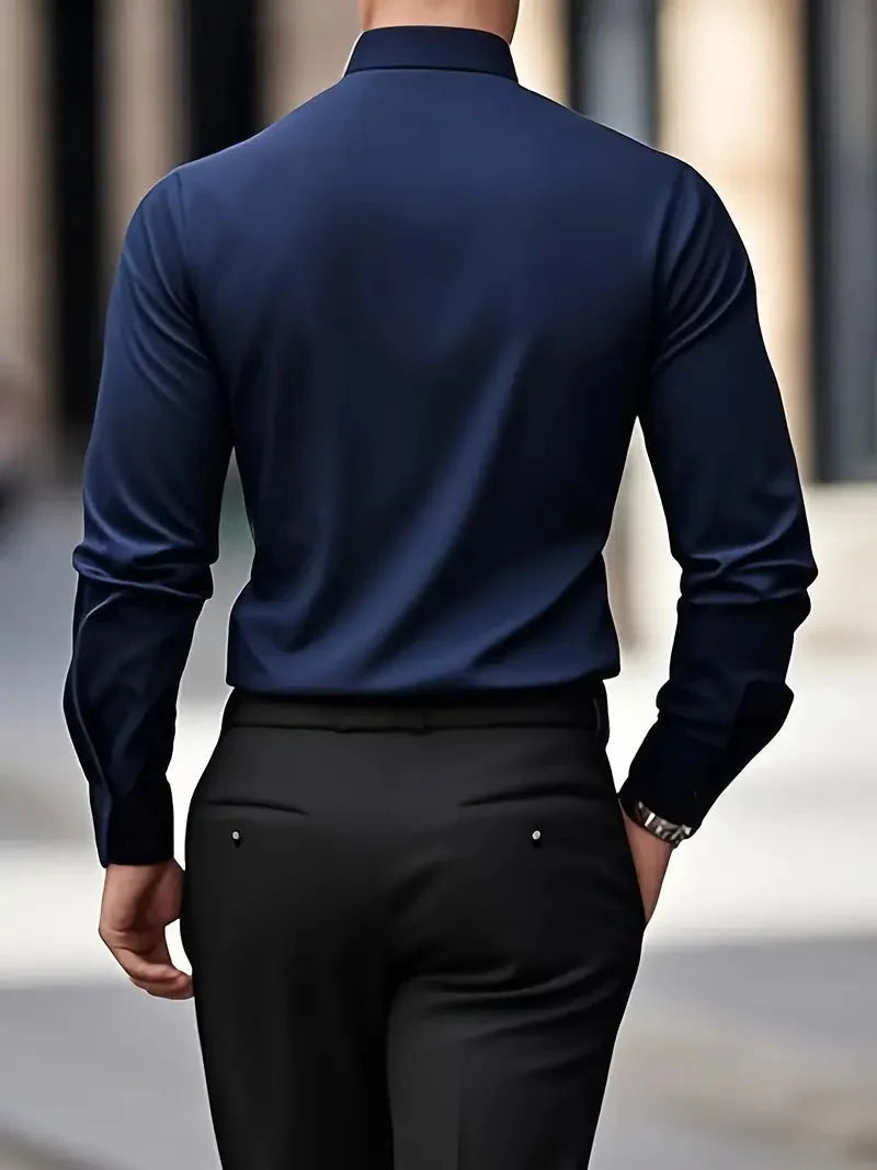Navy Blue Men's Tailored Executive Shirt with Button-Front Spread Collar — Finn - Back Detail Walking