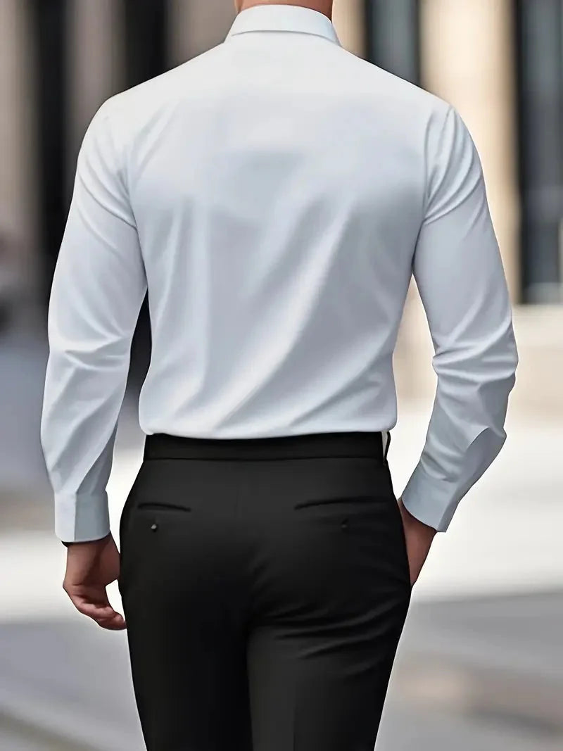 White Men's Tailored Executive Shirt with Button-Front Spread Collar — Finn - Back Detail