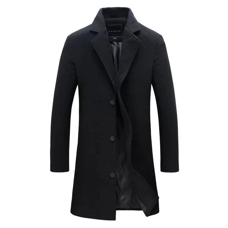 Black Men's Tailored Overcoat with Notched Lapel & Button-Front Closure