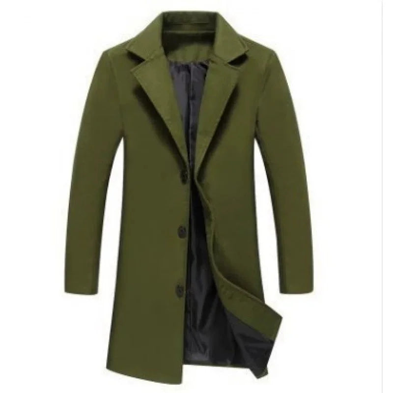 Green Men's Tailored Overcoat with Notched Lapel & Button-Front Closure
