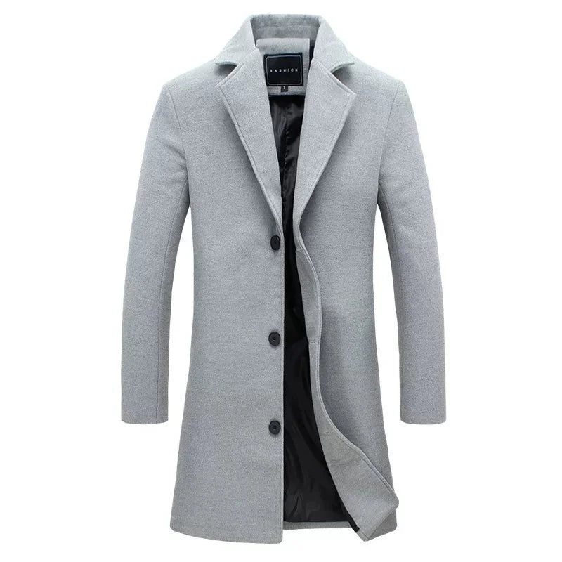 Light Grey Men's Tailored Overcoat with Notched Lapel & Button-Front Closure