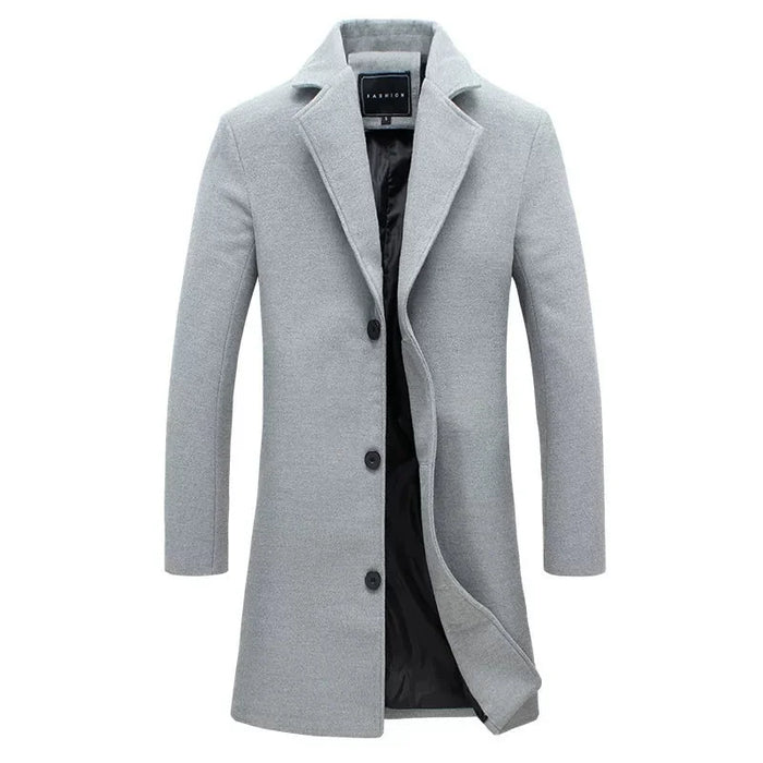 Light Grey Men's Tailored Overcoat with Notched Lapel & Button-Front Closure