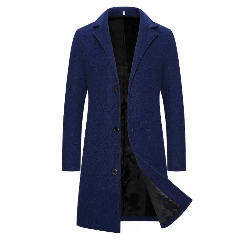 Navy Blue Men's Tailored Overcoat with Notched Lapel & Button-Front Closure - Front Full Studio