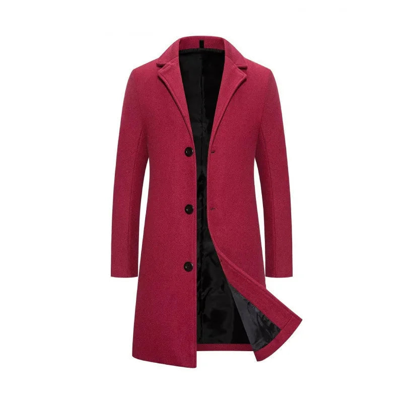 Wine Red Men's Tailored Overcoat with Notched Lapel & Button-Front Closure - Front Full Angled