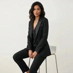 Black Women's Three Piece Tailored Suit Set with Vest & Structured Blazer — Tess - Seated Studio Pose