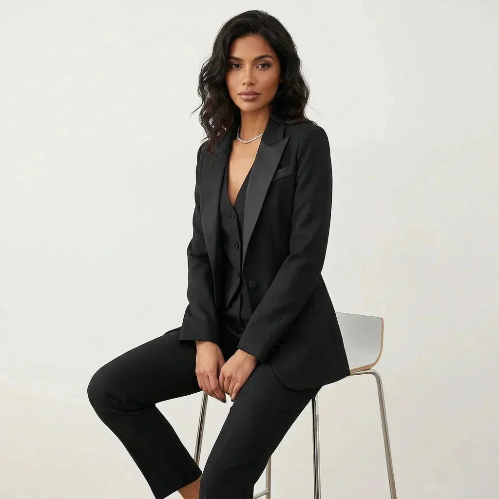 Black Women's Three Piece Tailored Suit Set with Vest & Structured Blazer — Tess - Seated Studio Pose