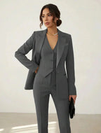 Gray Women's Three Piece Tailored Suit Set with Vest & Structured Blazer