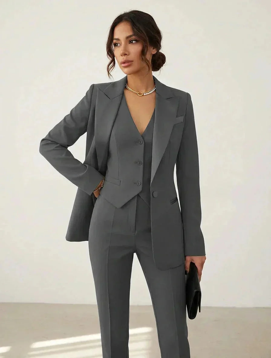 Gray Women's Three Piece Tailored Suit Set with Vest & Structured Blazer