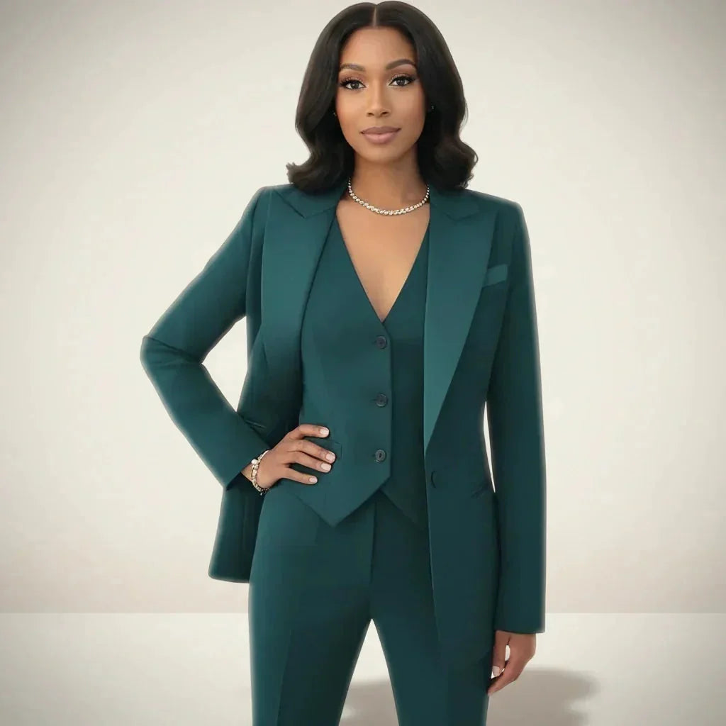 Green Women's Three Piece Tailored Suit Set with Vest & Structured Blazer