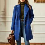 Blue Women's Wool Blend Coat with Notched Lapel & Smooth Lining