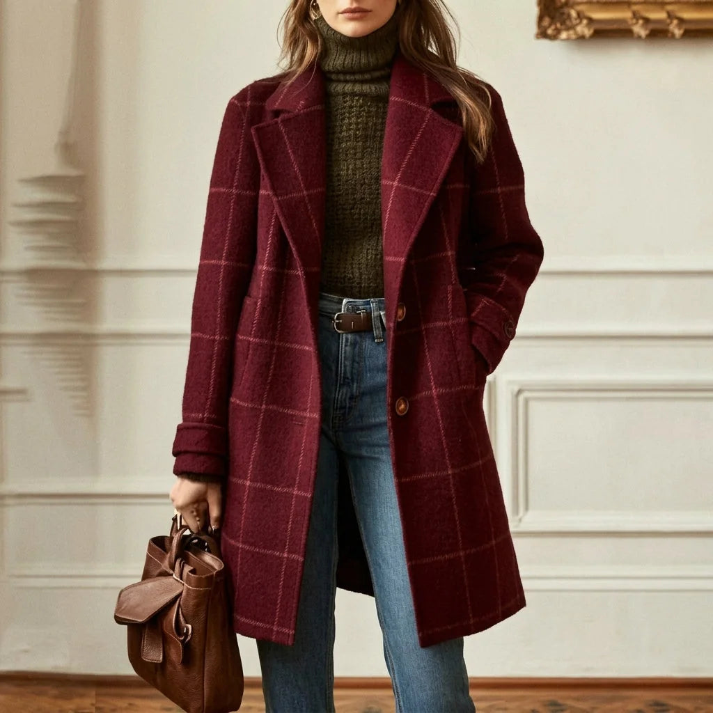 Wine Red Women's Wool Blend Coat with Notched Lapel & Smooth Lining