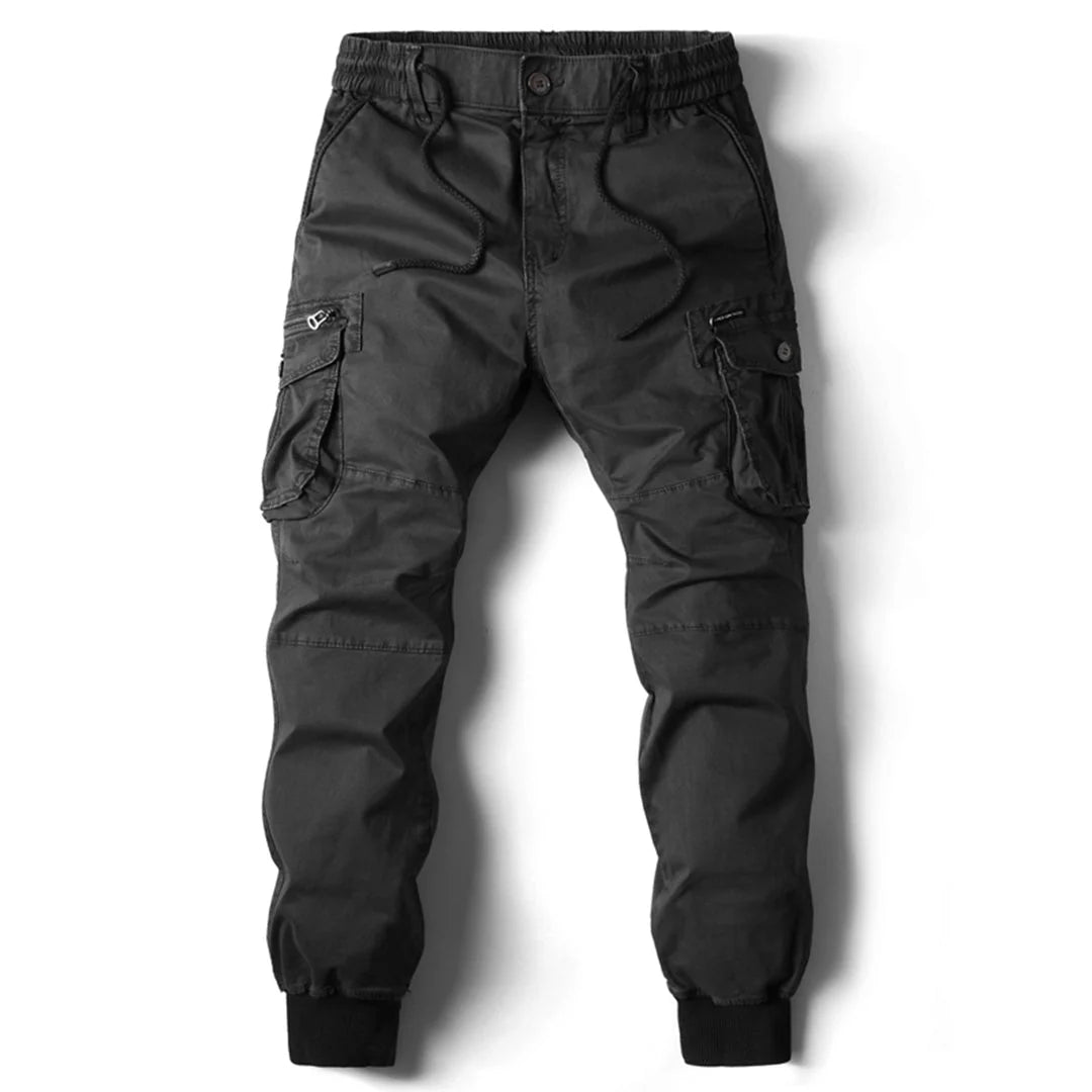 Black Men's Tapered Cargo Trousers with Elasticated Waist & Cuffed Ankle