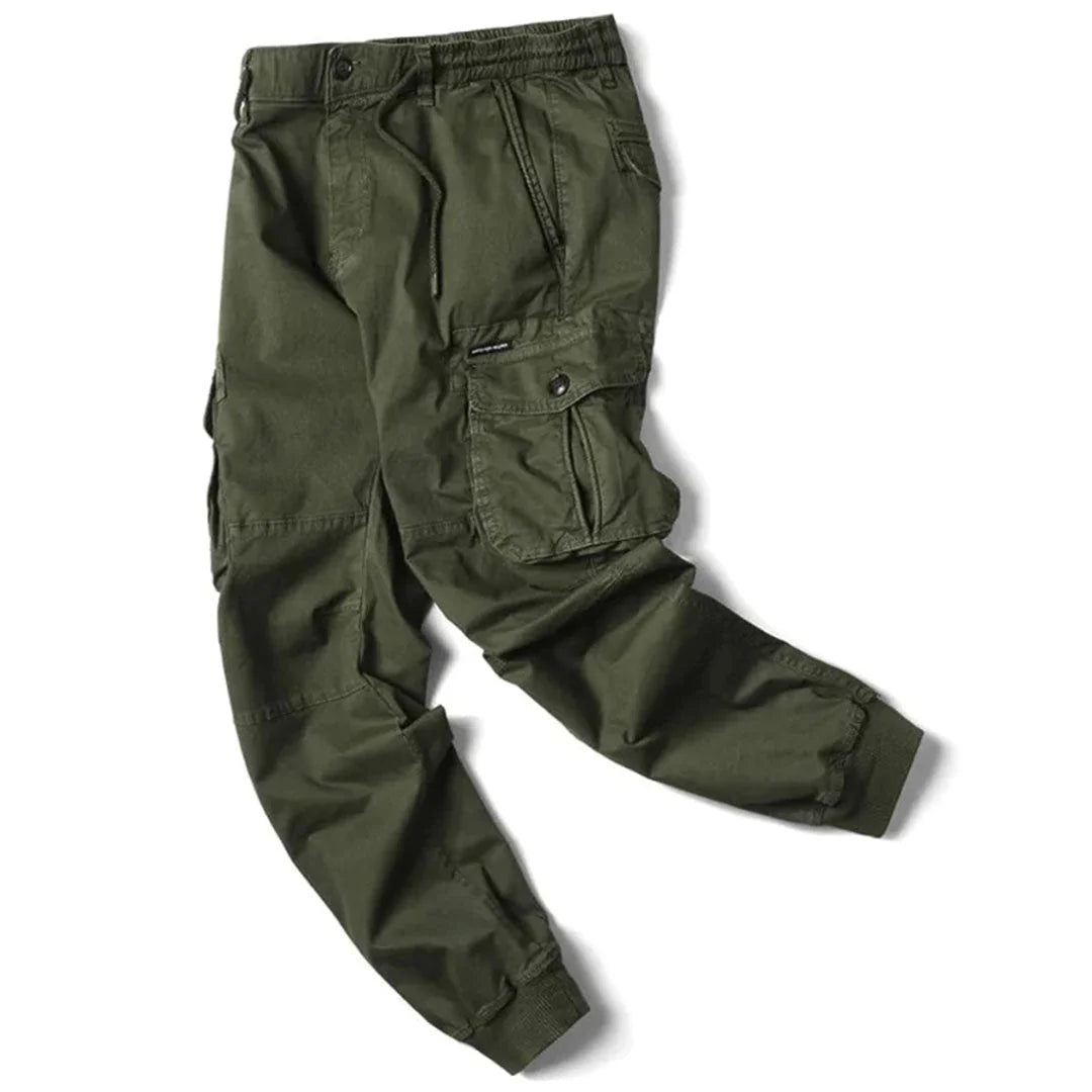 Men's Tapered Cargo Trousers with Elasticated Waist & Cuffed Ankle - Flat Lay Side