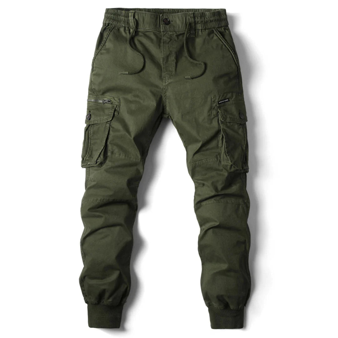 Green Men's Tapered Cargo Trousers with Elasticated Waist & Cuffed Ankle