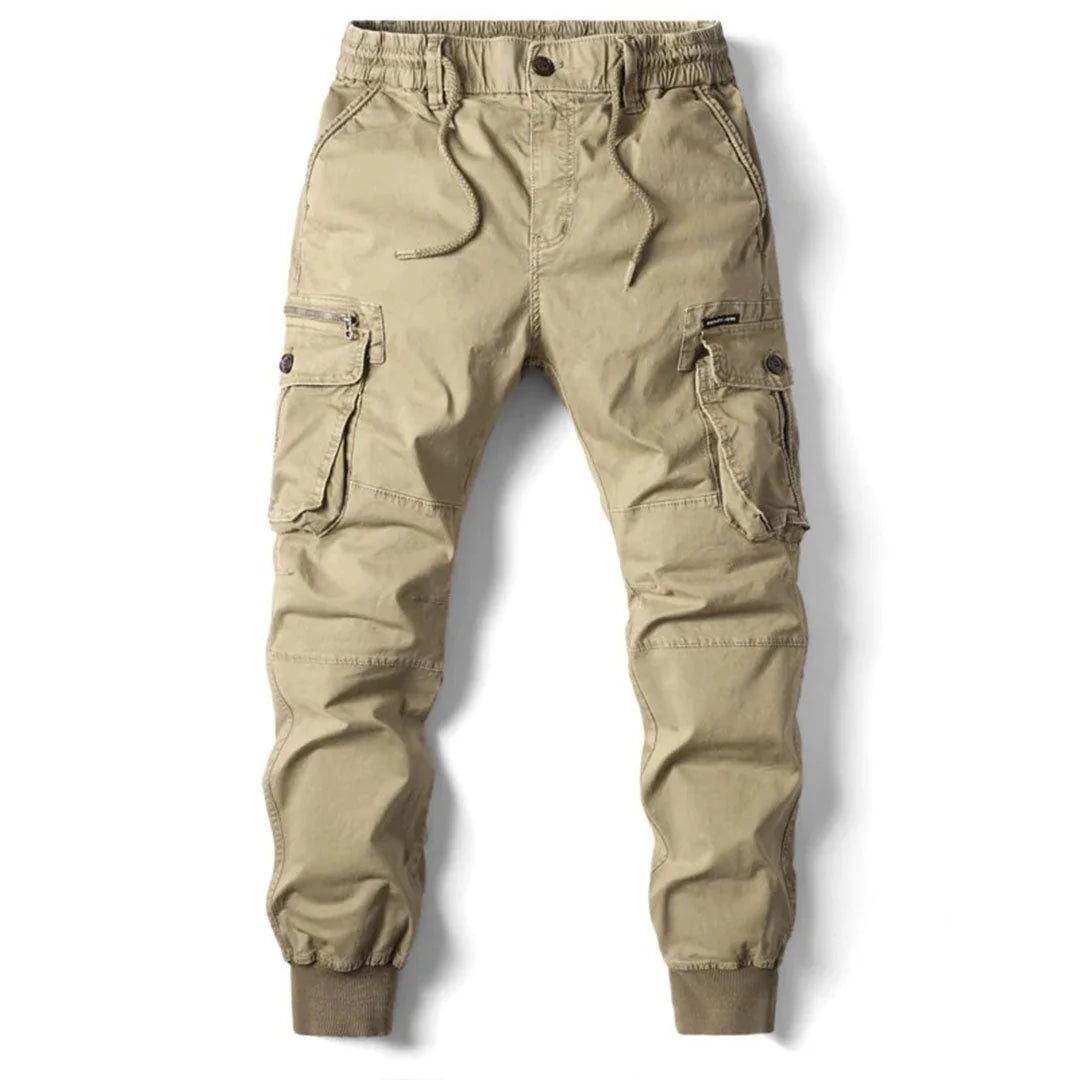 Khaki Men's Tapered Cargo Trousers with Elasticated Waist & Cuffed Ankle