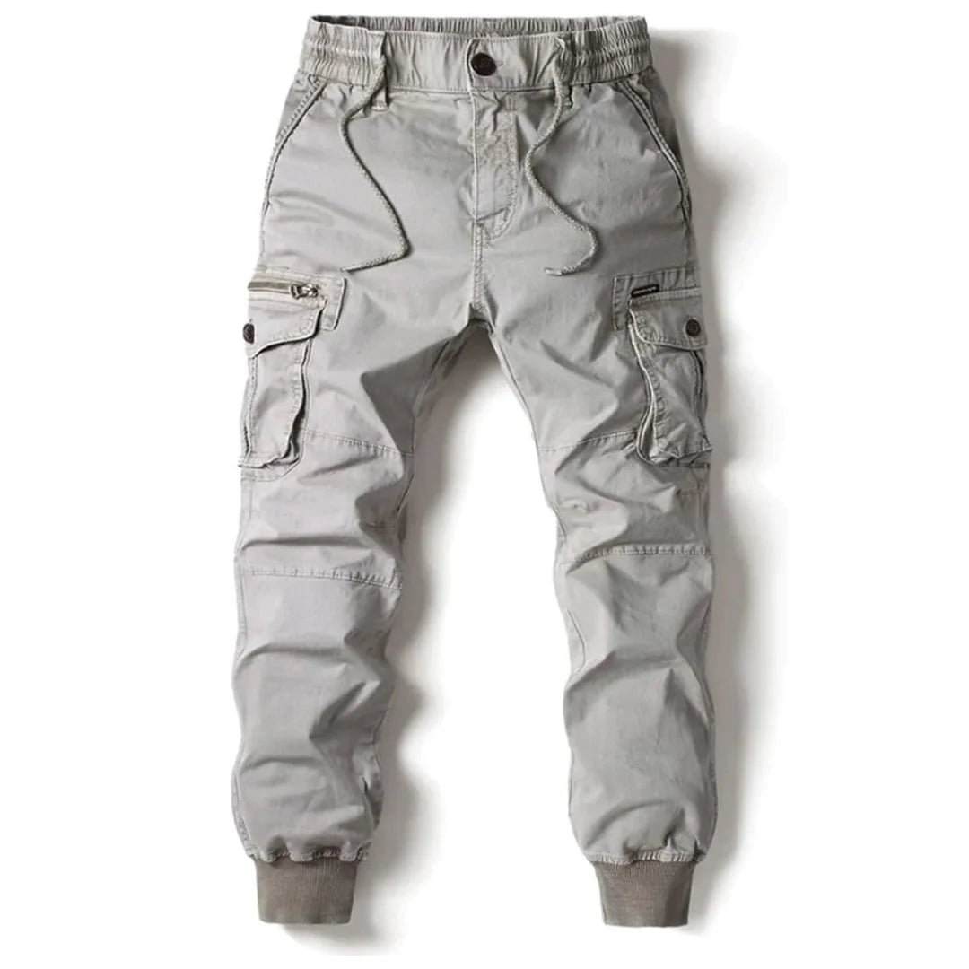 Light Grey Men's Tapered Cargo Trousers with Elasticated Waist & Cuffed Ankle