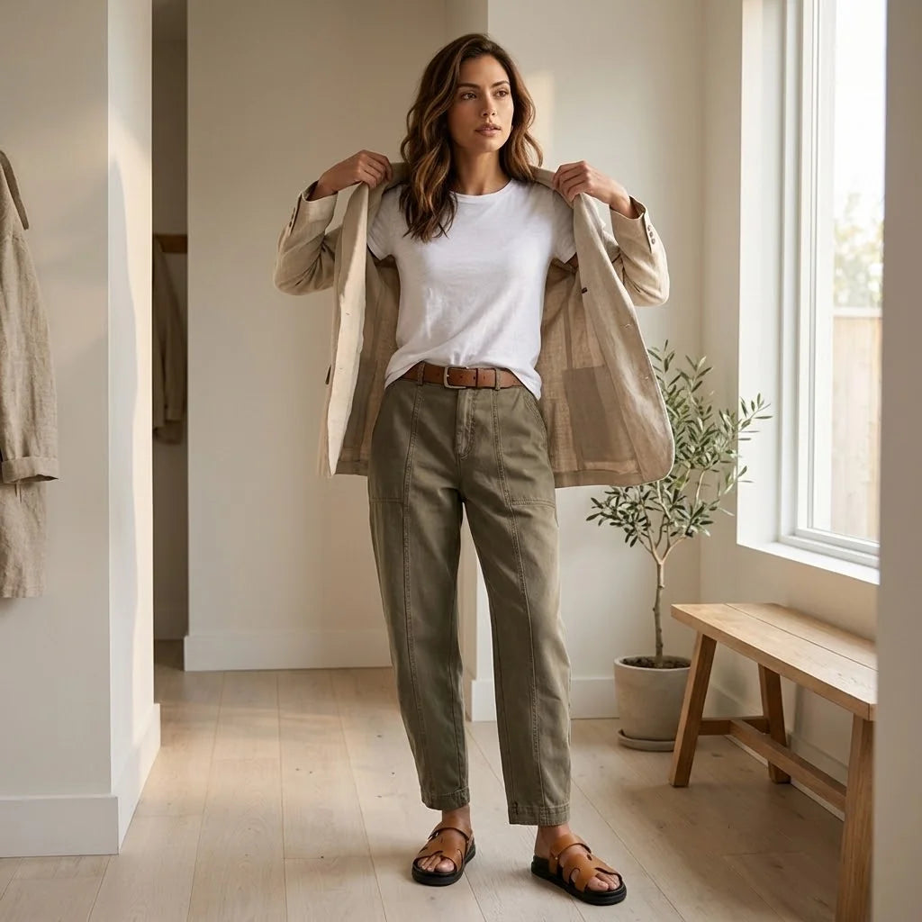 Women's High-Waisted Utility Pants with Tapered Fit & Ruched Ankle Cuff - Olive Jacket Styling