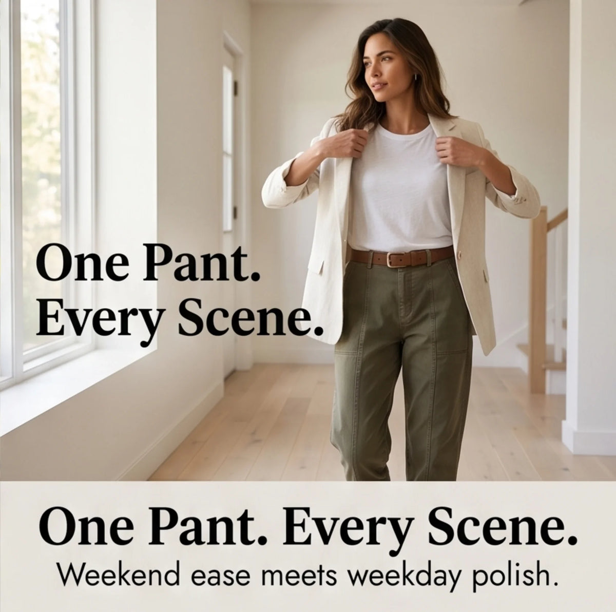 Women's High-Waisted Utility Pants with Tapered Fit & Ruched Ankle Cuff - Olive Lifestyle Ad Blazer