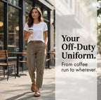 Women's High-Waisted Utility Pants with Tapered Fit & Ruched Ankle Cuff - Olive Lifestyle Ad Walking