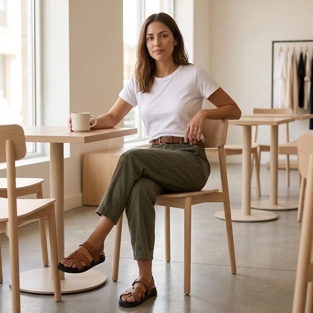 Women's High-Waisted Utility Pants with Tapered Fit & Ruched Ankle Cuff - Olive Seated Cafe