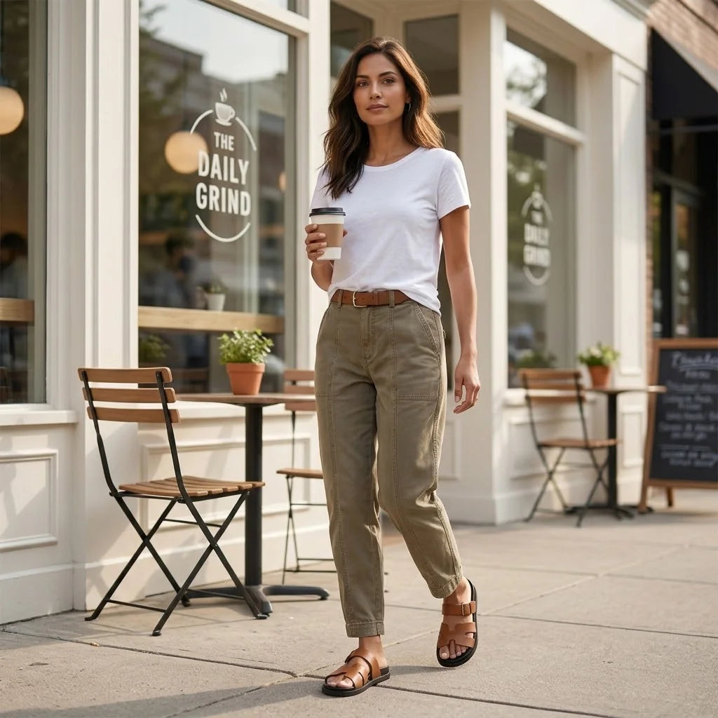 Deep Olive Women's High-Waisted Utility Pants with Tapered Fit & Ruched Ankle Cuff - Street Walking