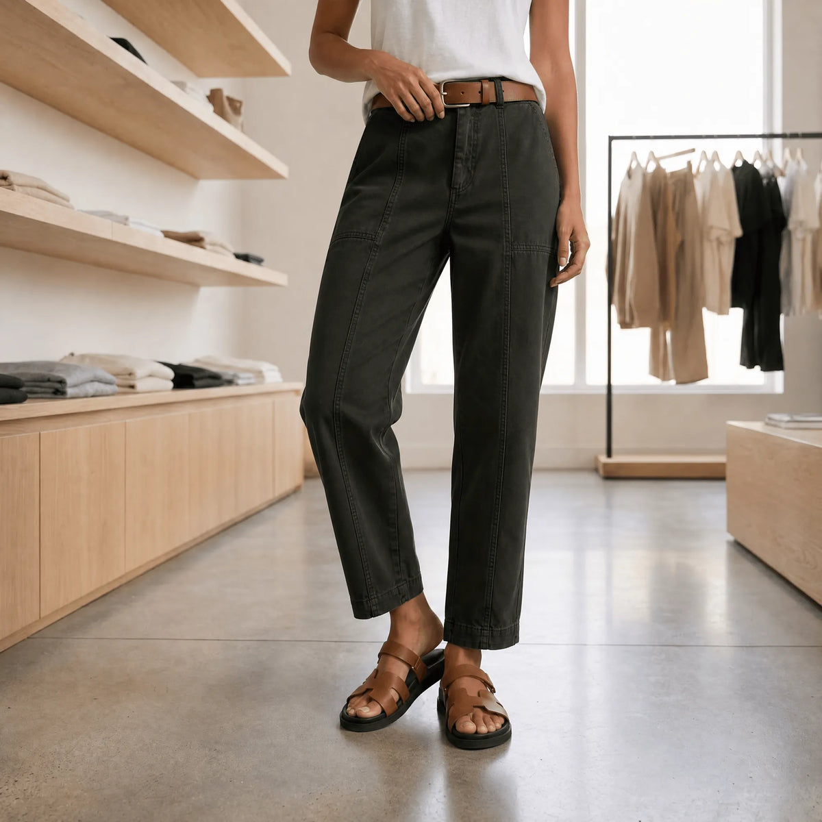 Women's High-Waisted Utility Pants with Tapered Fit & Ruched Ankle Cuff