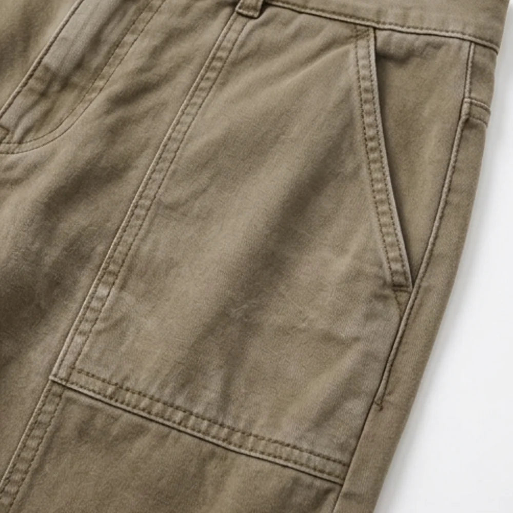 Women's High-Waisted Utility Pants with Tapered Fit & Ruched Ankle Cuff - Khaki Pocket Closeup